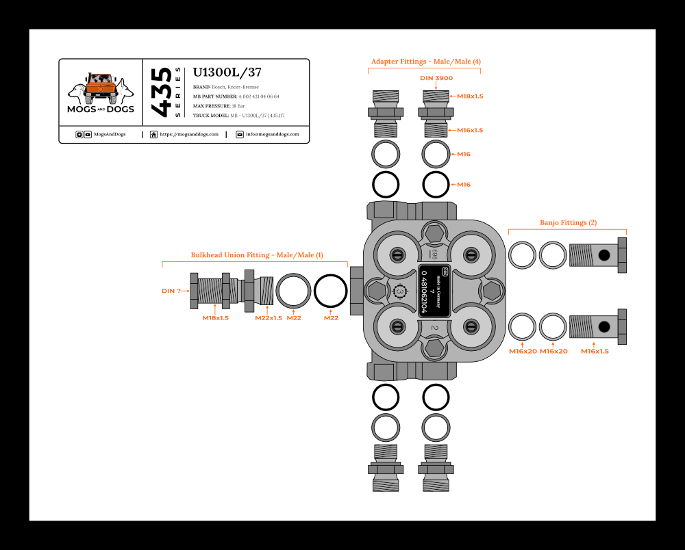 Custom drawn blown apart four way valve diagram for Unimog U1300L/37
