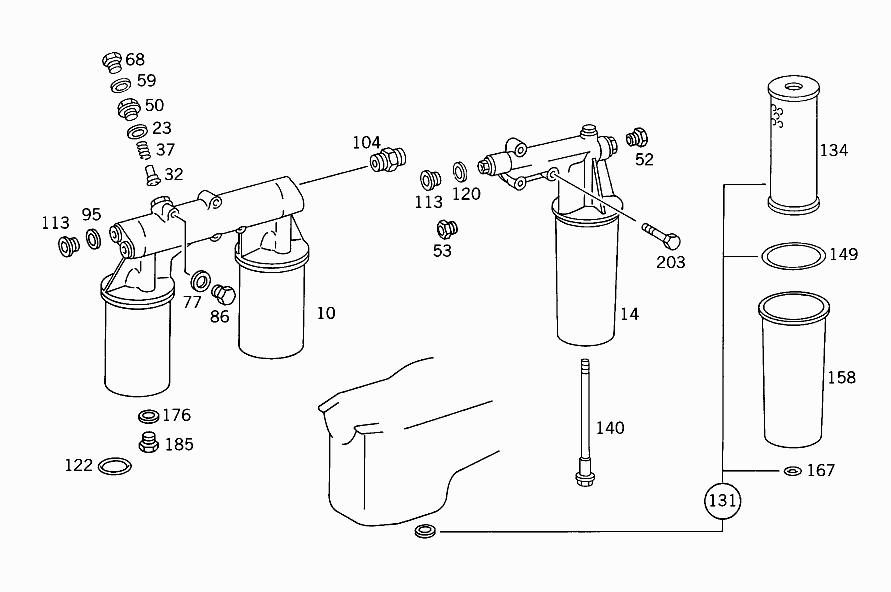Exploded vie diagram of oil filter assemblies from Mercedes